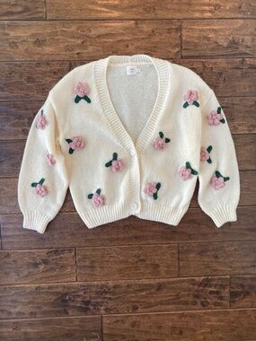 Luna Ivy Cream XS Cardigan Sweater 3D Pink Flower Roses Cottagecore